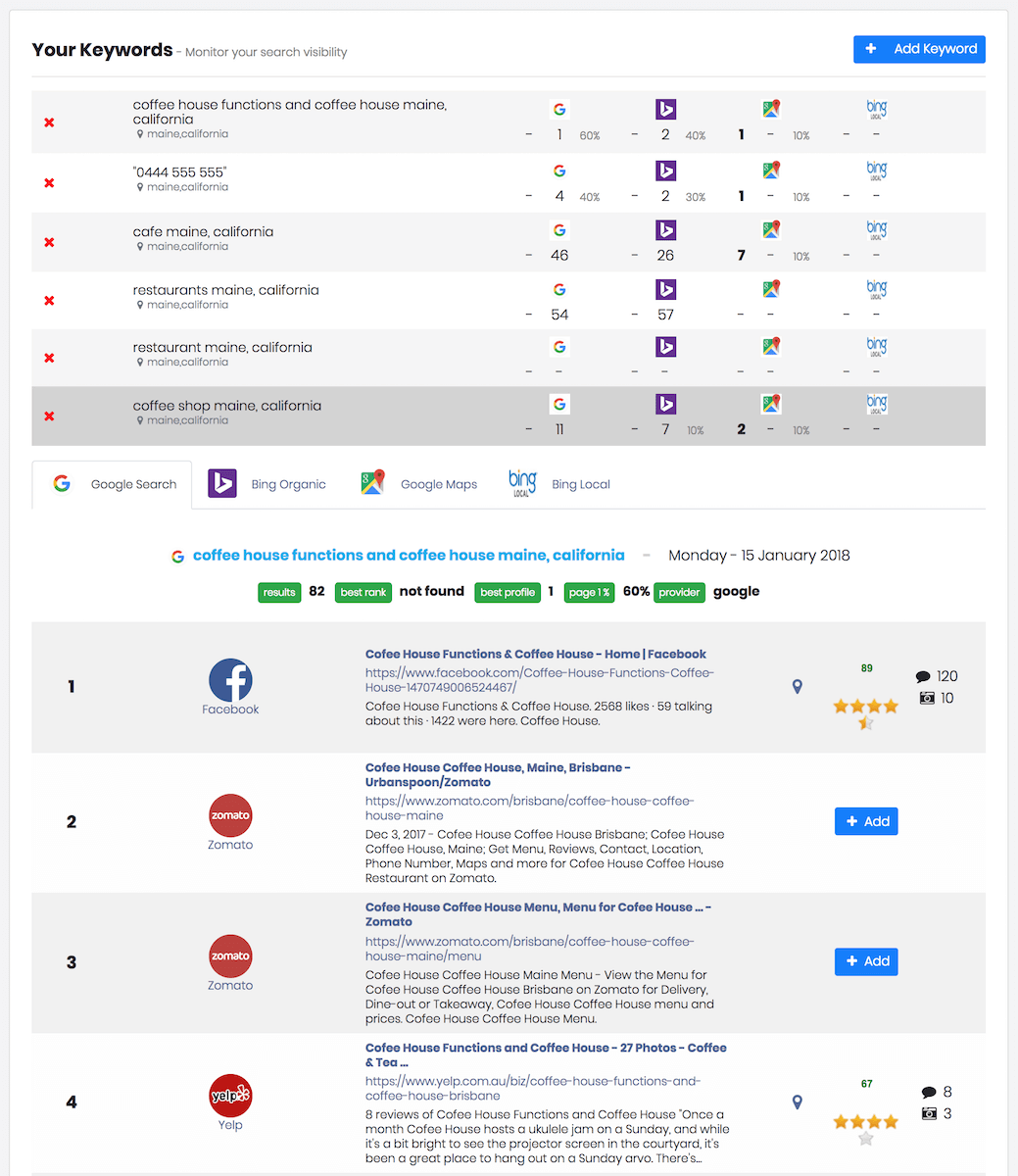 Manage your search keywords for google, bing and google maps.